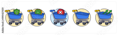 A set of 5 icons as secure checkout, add to cart, remove from cart