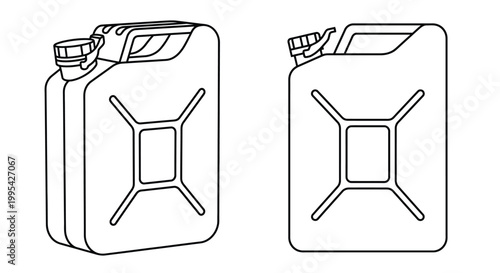 Line drawing of two metal jerrycans one angled both with handles