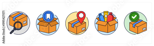 A set of 5 icons as search product, saved items, order delivered