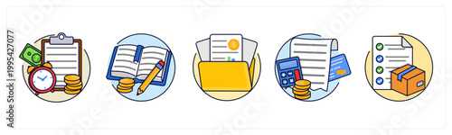 A set of 5 icons as payment history, book keeping, file invoice