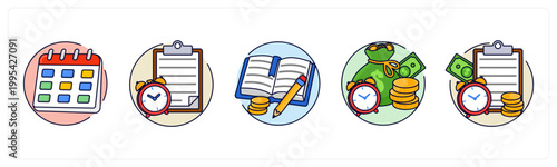A set of 5 icons as calendar, schedule, bookkeeping