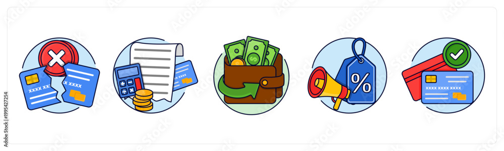 Fototapeta premium A set of 5 icons as payment failed, billing, cashback