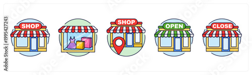 A set of 5 icons as store, window display, shop location