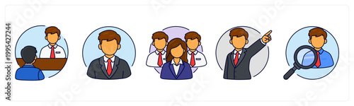 A set of 5 icons as interview, manager, team