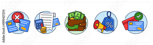A set of 5 icons as payment failed, billing, cashback