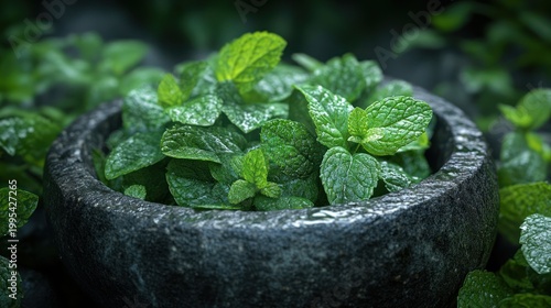 Fresh mint leaves in stone mortar, vibrant green