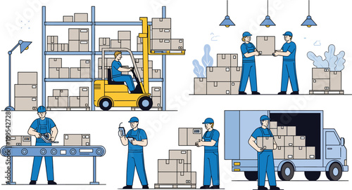 Industrial Warehouse Logistics Illustration Set with Forklift Operators Manual Laborers Inventory Racking Systems and Delivery Truck Loading for Supply Chain Distribution Service Advertisements