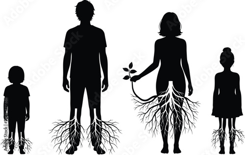Silhouette of people with tree roots growing from their feet