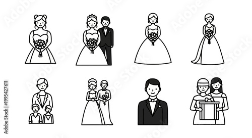 Wedding line icon set featuring bride groom and ceremony characters
