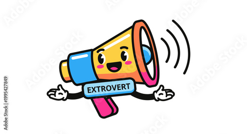 Happy Extrovert Megaphone Character with Open Arms, Cheerful Announcement