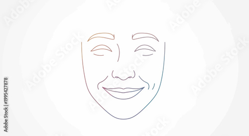 Happy Face Outline Drawing with Dimples and Closed Eyes, Joyful Expression