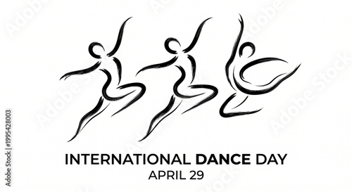A black and white graphic celebrating International Dance Day on April 29, featuring three stylized dancing figures.