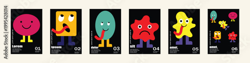 A collection of six abstract posters featuring colorful, topography characters with bold shapes and playful expressions. Each design showcases a unique combination of colors and shapes.