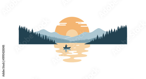 Minimalist mountain lake landscape with person rowing at sunset