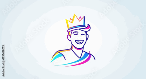 Happy King Character with Colorful Crown and Rainbow Sash