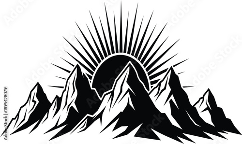 Detailed Vector Illustration of a Rugged Mountain Range Silhouette with a Stylized Rising Sun and Sharp Sunbeams Isolated on White Background