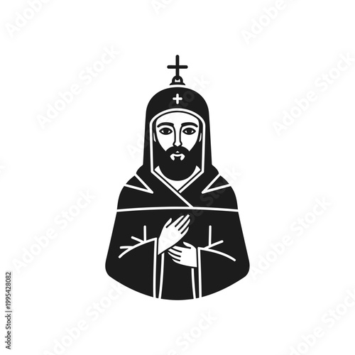 Orthodox Christian Monk Icon Vector Illustration in Black and White
