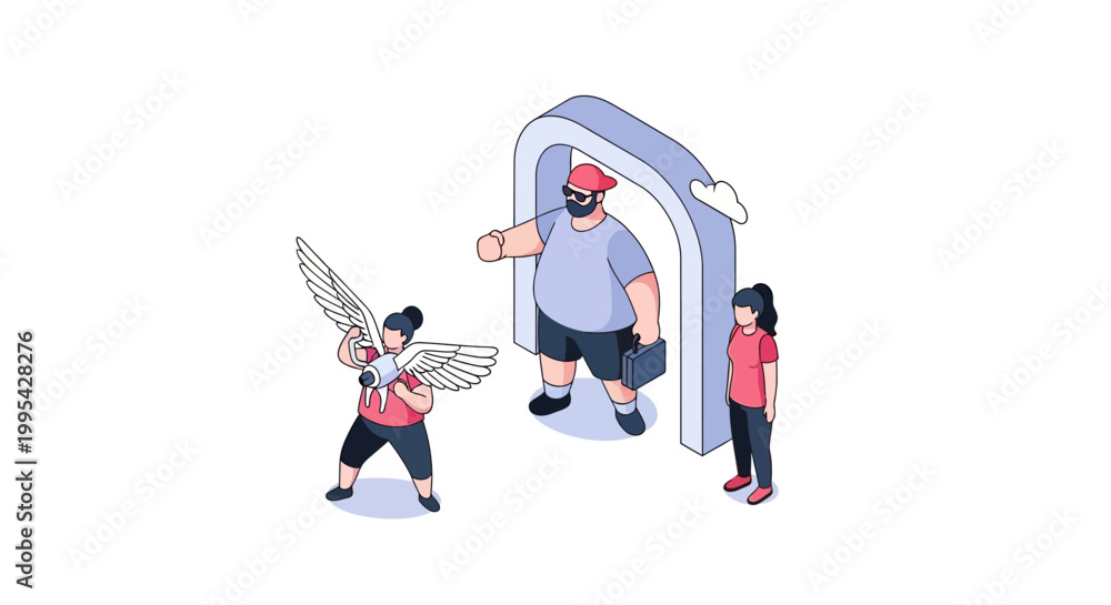 Obraz premium Isometric illustration of people interacting with a portal and angel.