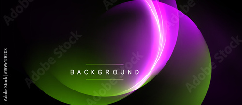 Abstract design features vibrant curves, gradients. Purple, green hues dominate dark background. Modern, dynamic visual element.