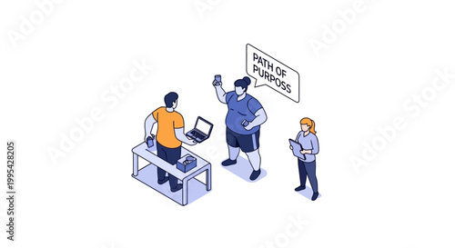 Isometric illustration of people discussing the path of purpose in business.