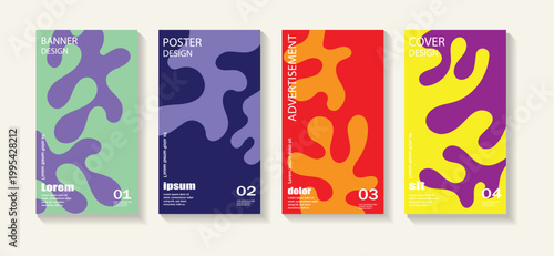 A vibrant collection of abstract poster designs featuring bold colors and organic shapes. Each poster showcases unique layouts. Ideal for creative projects,these layouts include banners, posters.