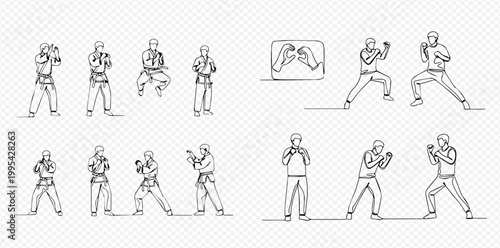 Martial arts training and boxing poses in continuous line art style.
