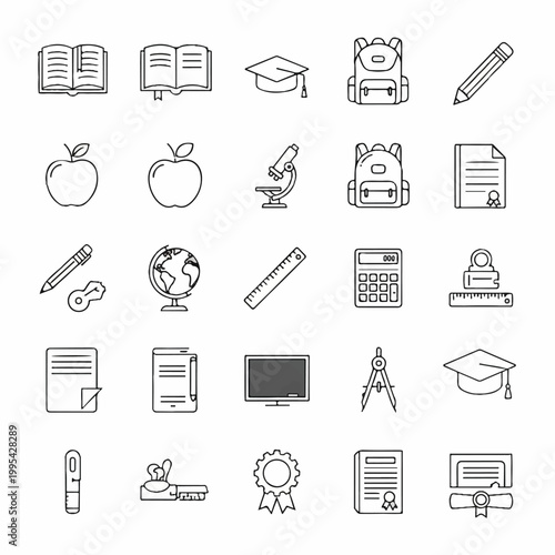 A comprehensive collection of thin line education icons representing essential school supplies and various academic learning tools for student projects