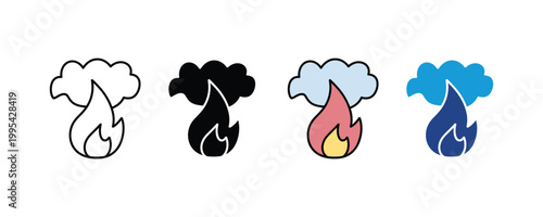 Fire and smoke cloud icon vector set. Wildfire emergency alert, dangerous flame hazard, and environmental heat disaster symbol.