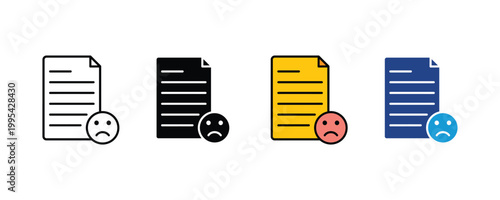Rejected document and sad face icon vector set. Negative feedback report, failed application status, and unhappy user complaint symbol.