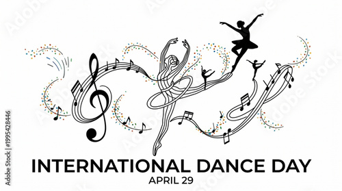 Illustration celebrating International Dance Day on April 29, featuring abstract dancers, musical notes, and a treble clef on a white background.