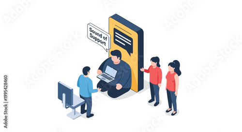 Isometric illustration of customer support team and online assistance.