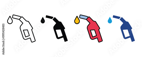 Fuel pump nozzle and gas drop icon vector set. Petrol station energy supply, car gasoline refueling, and automotive oil industry symbol.