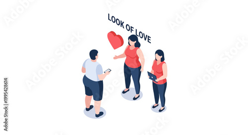 Isometric Illustration of People Interacting with Love and Heart Symbol.