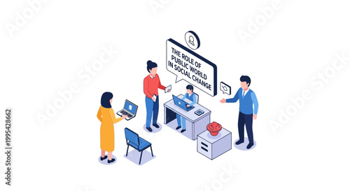Isometric illustration of people discussing social change and public world.