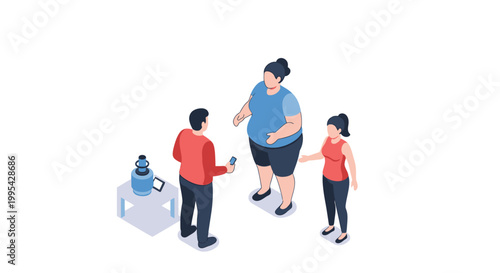Isometric illustration of three people interacting near a water cooler.