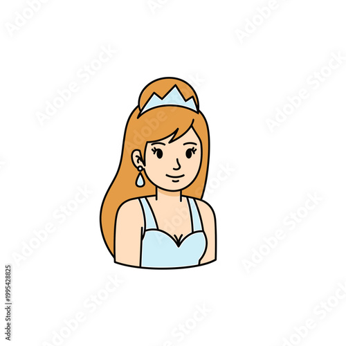 Smiling cartoon princess wearing a tiara and light blue gown