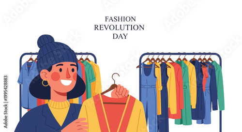 Stylized vector illustration depicting Fashion Revolution Day with a smiling woman in a blue hat holding a garment on a hanger in front of clothing racks against a clean white background