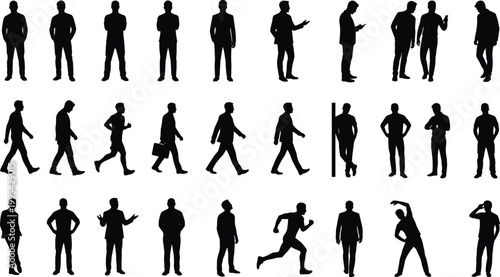 Large collection of black businessman silhouettes featuring standing, walking, running, talking on phone, and office poses isolated on white background, vector.