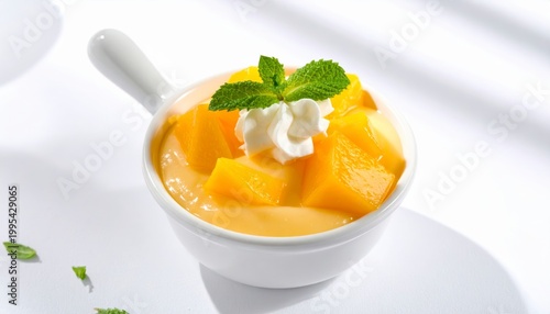 A sweet mango pudding dessert served in a white ceramic bowl topped with whipped cream and fresh mint leaves, a delightful treat.