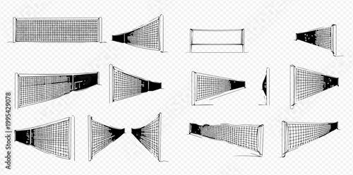 Set of realistic tennis net and badminton net in various perspectives, isolated on transparent background.