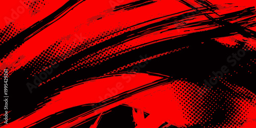 Vibrant red abstract artwork with bold black lines and dynamic brushstrokes on canvas