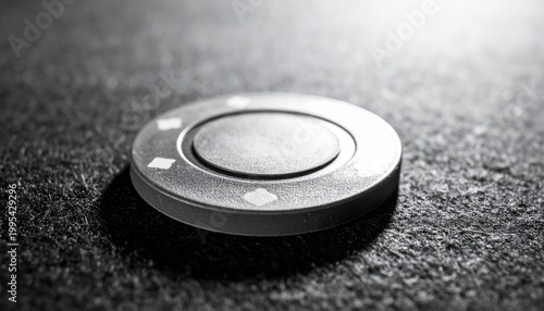 Close up of a single, perfectly weighted blackjack chip with subtle indentation, isolated on a textured surface.