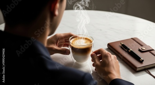 Person Enjoys Hot Coffee with Steam Rising in Cozy Cafe Setting
