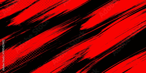 Vibrant red and black abstract streaks move diagonally across the screen