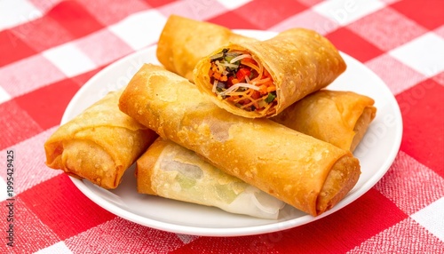 Crispy golden brown spring rolls filled with fresh vegetables served on a white plate
