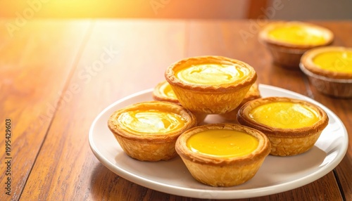 Delicious Golden Egg Custard Tarts with Flaky Pastry Crusts Served on a White Plate, a Perfect Sweet Treat.