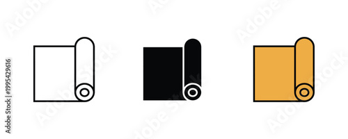 Fitness yoga mat and rolled exercise equipment icon vector set. Gym workout accessory, floor pilates gear, and wellness activity symbol.