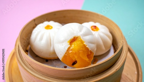 Delicious Steamed Custard Buns with a Molten Golden Center, Artfully Arranged in a Bamboo Steamer Basket