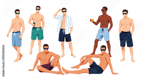 Group of fit men wearing sunglasses and various styles of swim trunks posing in different positions on a plain white background for summer.