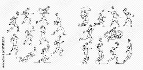Dodgeball Players in Various Action Poses During a Game, Continuous Line Art Style.